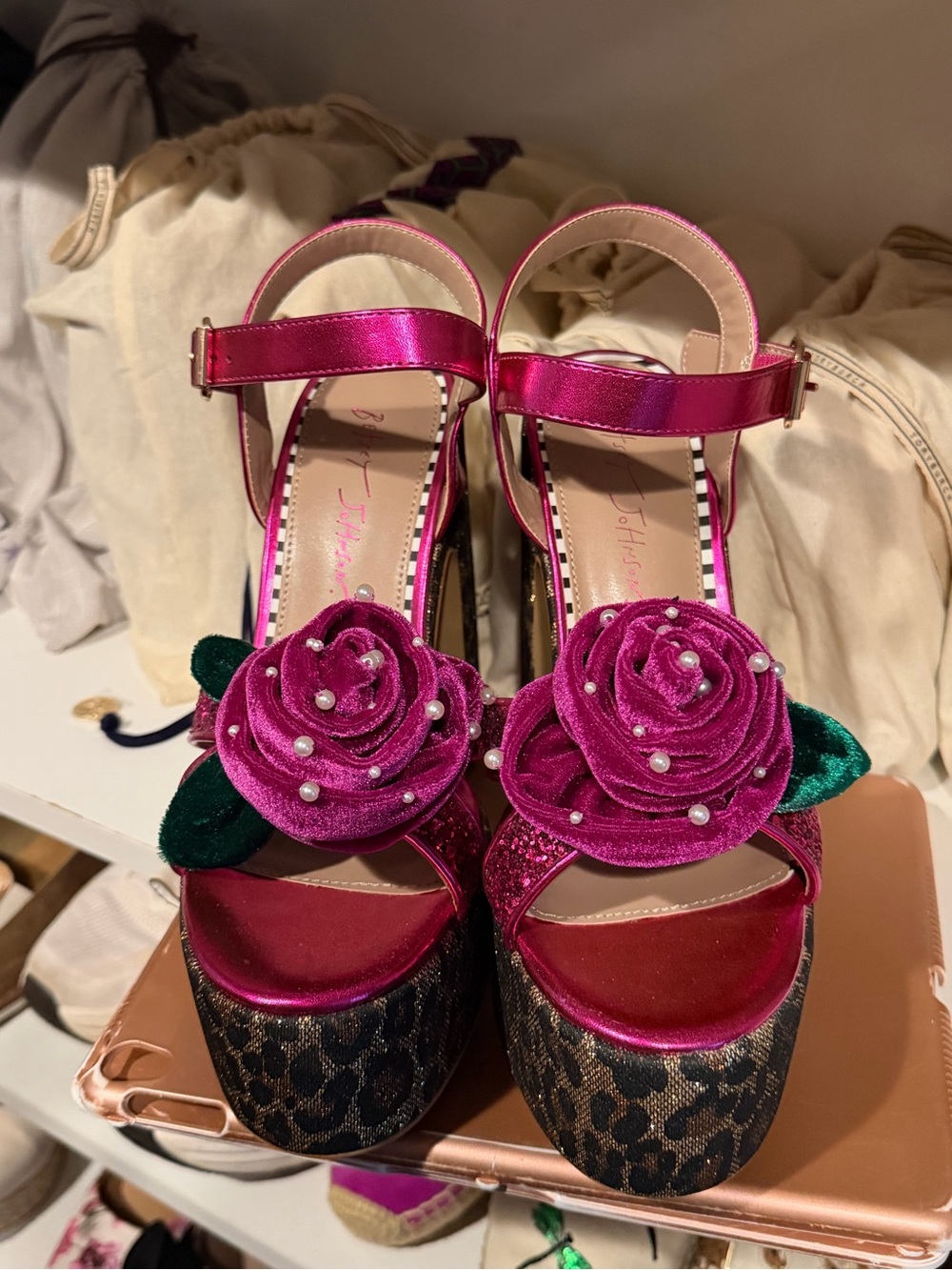 Betsey Johnson Hot Pink Velvet Flower Platform Sandals